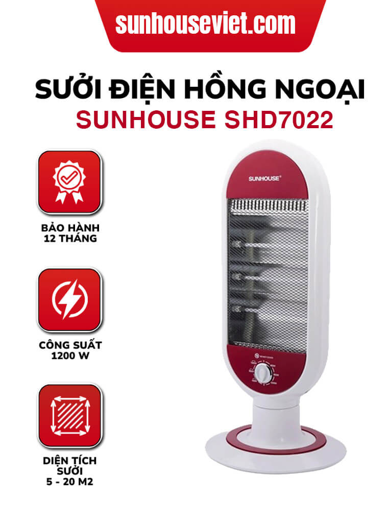Sưởi điện hồng ngoại thạch anh 3 bóng Sunhouse SHD7022