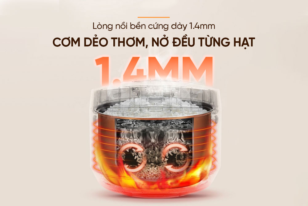 Lòng nồi dày 1.4mm – Cơm dẻo thơm, nở đều từng hạt