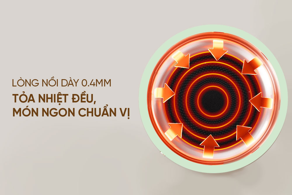 Lòng nồi dày 0.4mm – Tỏa nhiệt đều, giữ vị chuẩn món ăn