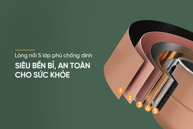 Lòng nồi được cấu tạo từ 5 lớp chống dính siêu bền bỉ