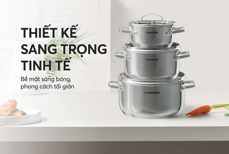 Bộ 3 Nồi Đa Kích Thước Tiện Dụng 16-20-24cm – Bộ 3 Nồi Inox Sunhouse Healthy SHG605 Phủ Sóng Mọi Nhu Cầu Nấu Nướng