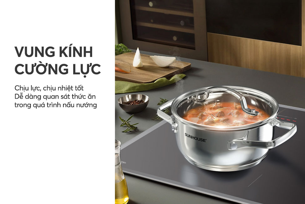 Vung Kính Cường Lực Viền Inox Chữ T – Bộ Nồi Nắp Kính Sunhouse Healthy SHG605 Chịu Lực, Chịu Nhiệt Vượt Trội