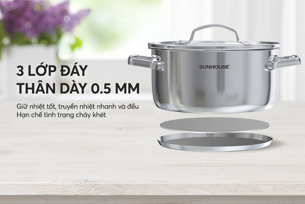 Đáy Nồi 3 Lớp Giữ Nhiệt Siêu Việt – Nồi Inox 304 Dùng Bếp Từ Sunhouse SHG605 Truyền Nhiệt Nhanh, Tiết Kiệm Năng Lượng