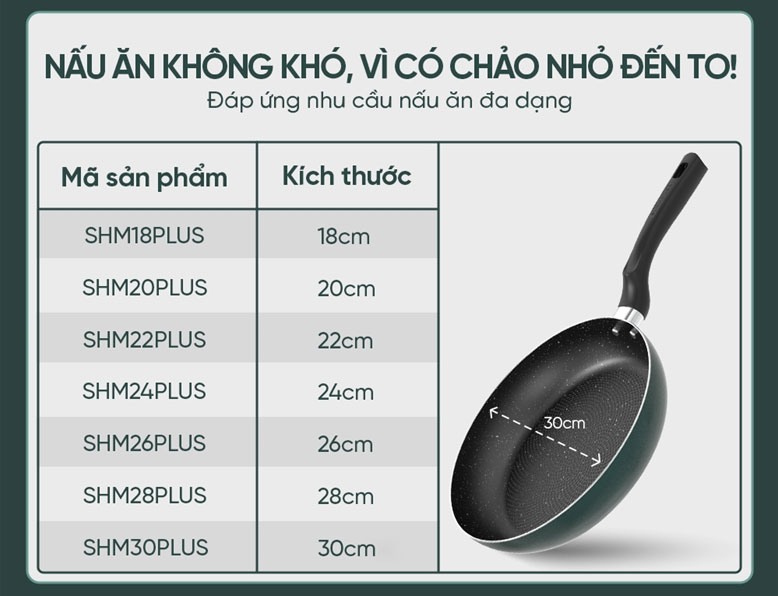 Kích thước đa dạng, đáp ứng mọi nhu cầu nấu nướng