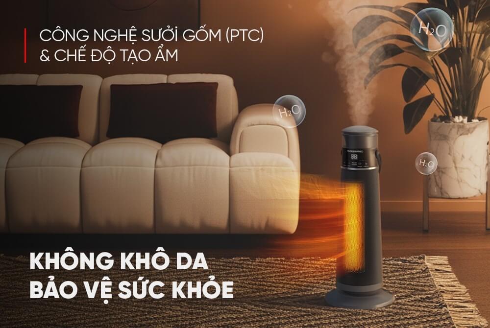 Máy Sưởi Gốm Sunhouse SHD7061 công nghệ sưởi gốm PTC và tạo ẩm giúp da không khô