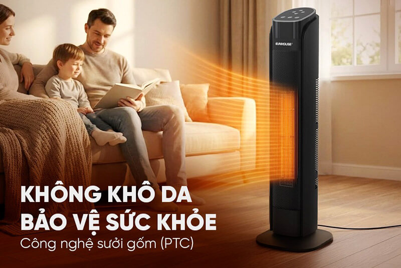 Công nghệ sưởi của sưởi gốm Sunhouse SHD7077 không gây khô da, bảo vệ sức khỏe
