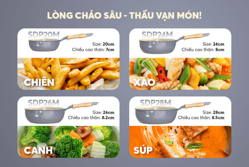 Chiều cao lòng chảo sâu, phù hợp chế biến đa dạng món ăn