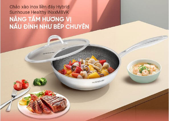 Chảo xào inox Hybrid Sunhouse IN26M8VK vung kính 26cm