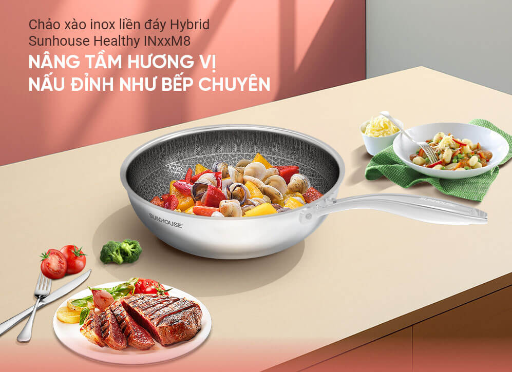 Chảo xào inox Sunhouse Healthy IN26M8 liền khối 26cm