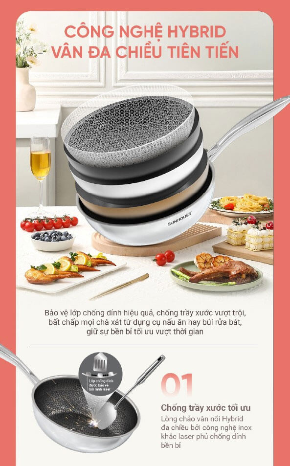 Chống dính công nghệ Hybrid – Vân laser khắc inox kháng trầy vượt trội