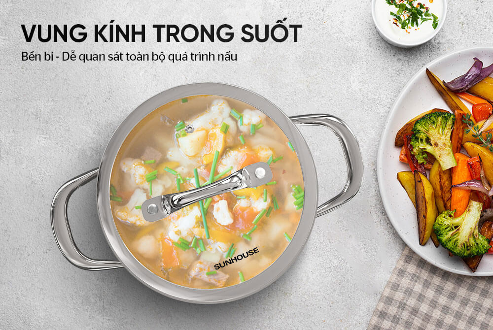 Vung kính cường lực 4mm viền inox bo tròn – kín hơi 99%, quan sát dễ dàng, chống tràn hoàn hảo