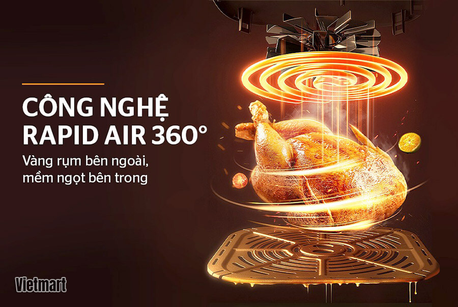 Nồi Chiên Sunhouse SHD4039 với công nghệ Rapid Air 360 độ giúp luân chuyển khí nóng đều khắp giúp thực phẩm chín đều