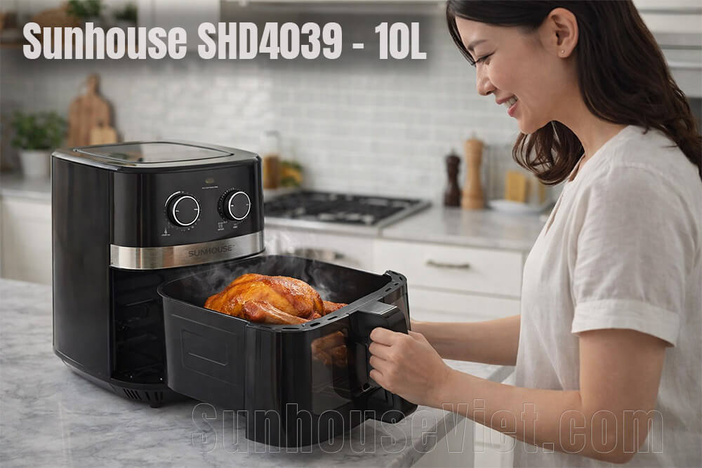 Nồi Chiên Không Dầu Sunhouse SHD4039 dung tích 10 Lít nên có thể nướng gia cầm nguyên con