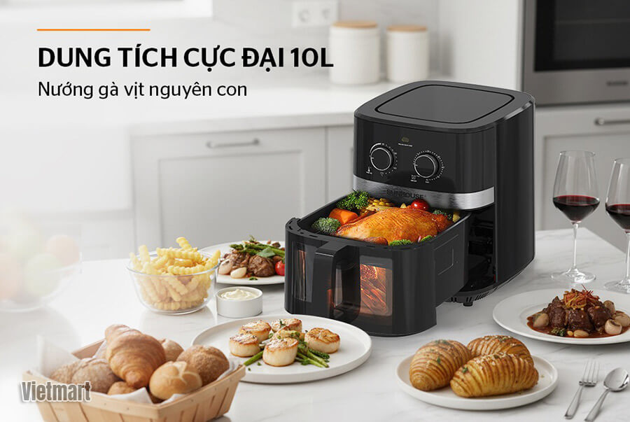 Nồi Chiên Không Dầu Sunhouse SHD4039 dung tích 10 Lít nên có thể nướng gia cầm nguyên con