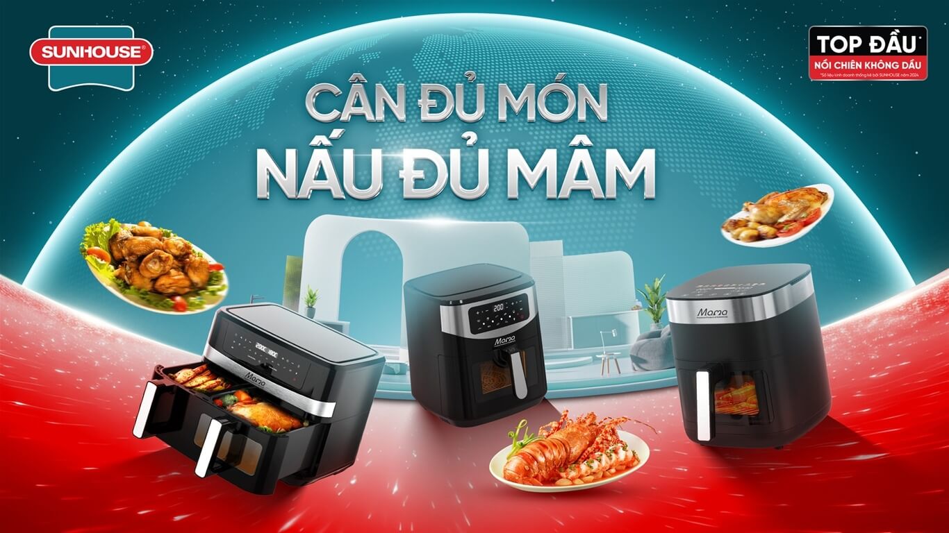 Nồi chiên không dầu 2 ngăn 10L Sunhouse Mama SHD4098 cân đủ món