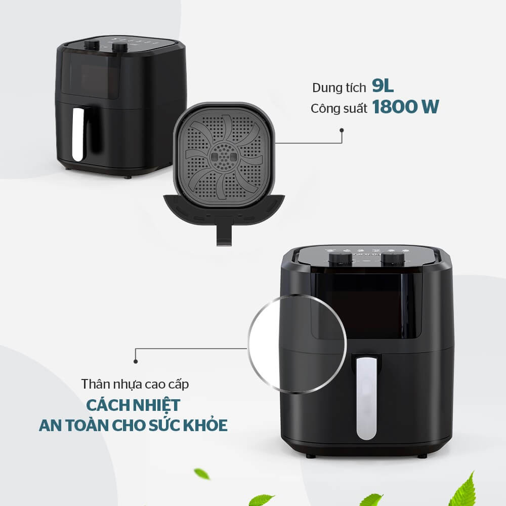 Nồi chiên không dầu SUNHOUSE SHD4037 dung tích 9 Lít, Công suất 1800W và thân nhựa cách nhiệt an toàn