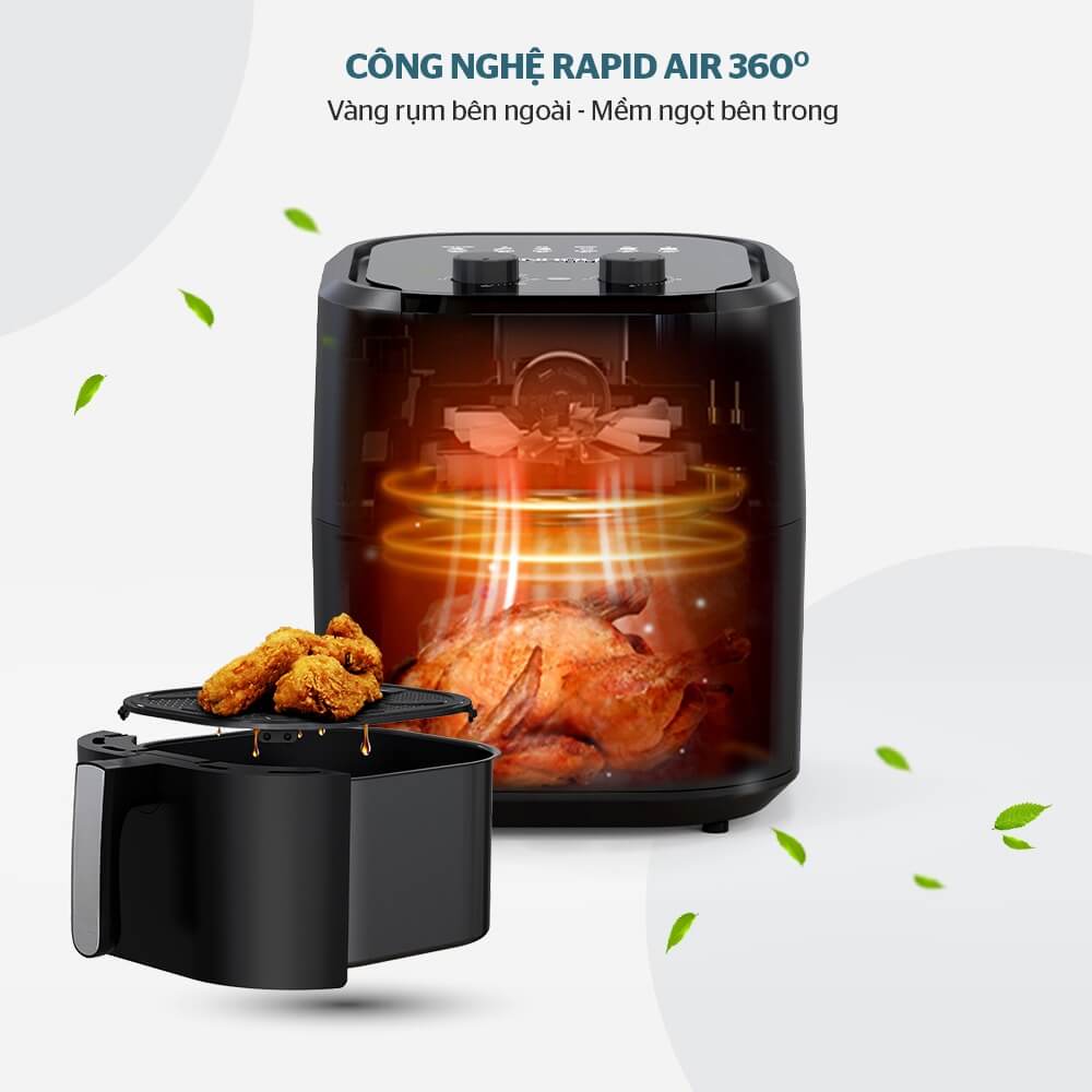Nồi chiên không dầu SUNHOUSE SHD4037 sở hữu công nghệ Rapid Air 360 độ giúp thực phẩm chín đều