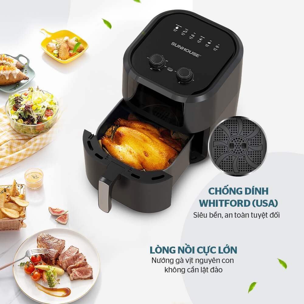 Nồi chiên không dầu SUNHOUSE SHD4037 với ưu điểm lòng nồi lớn, chống dính Whitford an toàn