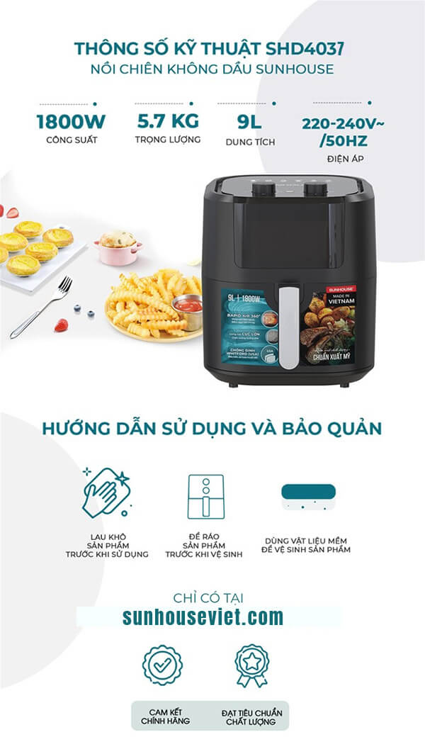 Thông số kỹ thuật của nồi chiên không dầu 9L SUNHOUSE SHD4037