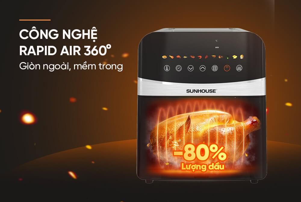 Nồi chiên không dầu 9L Sunhouse SHD4090 công nghệ Rapid Air chín đều, giòn ngoài, mềm trong