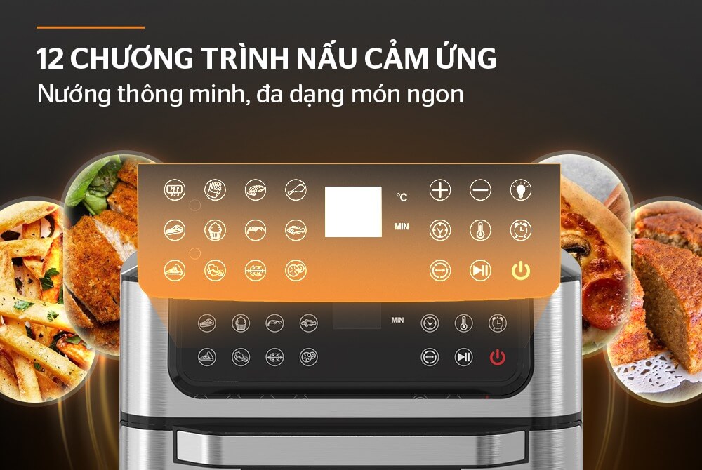 Nồi chiên không dầu Sunhouse Mama SHD4094 12L có 12 chương trình cài sẵn được điều khiển cảm ứng