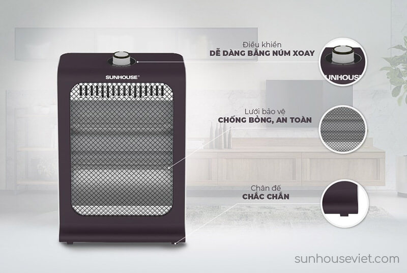 Sưởi Điện 2 Bóng Sunhouse SHD7023 điều khiển dễ, lưới bảo vệ an toàn, chân đế chắc chắn
