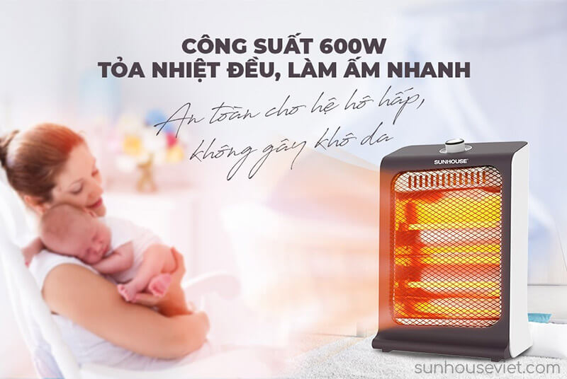 Sưởi Điện 2 Bóng Sunhouse SHD7023 có công suất 600W, tỏa nhiệt đều làm ấm nhanh