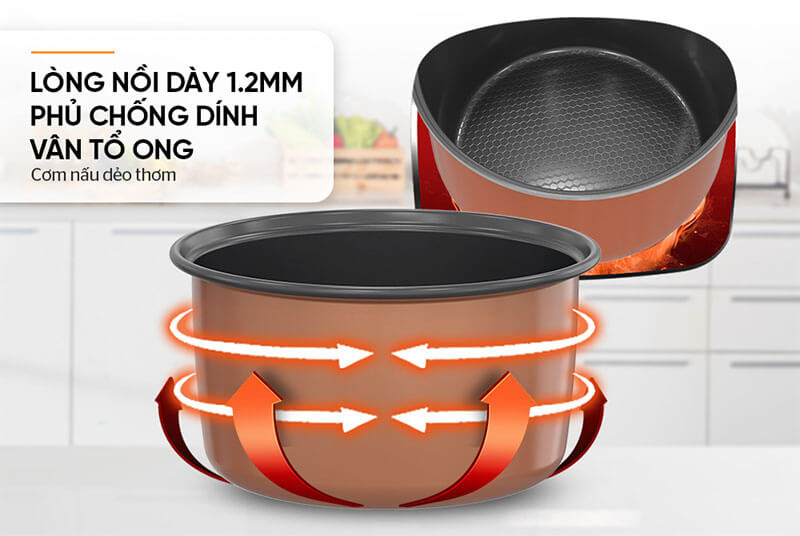 Lòng nồi dày 1.2mm, phủ chống dính vân tổ ong cao cấp
