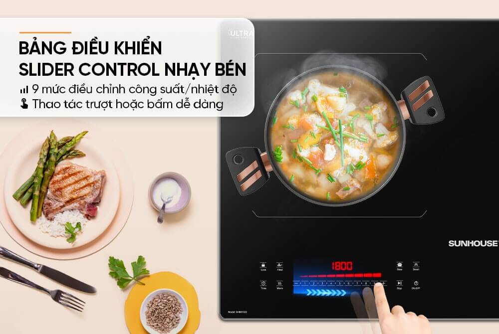 Bảng điều khiển Slider siêu nhạy của bếp đôi điện từ SUNHOUSE SHB81022