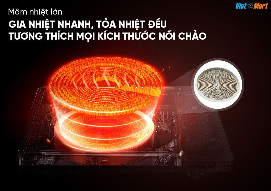 Mâm nhiệt lớn gia nhiệt nhanh, tỏa nhiệt đều – Tương thích mọi kích thước nồi chảo