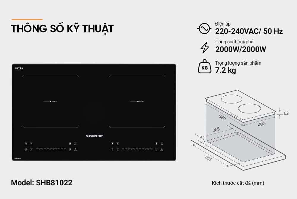 Thông số lắp đặt của bếp đôi điện từ SUNHOUSE SHB81022 4000W