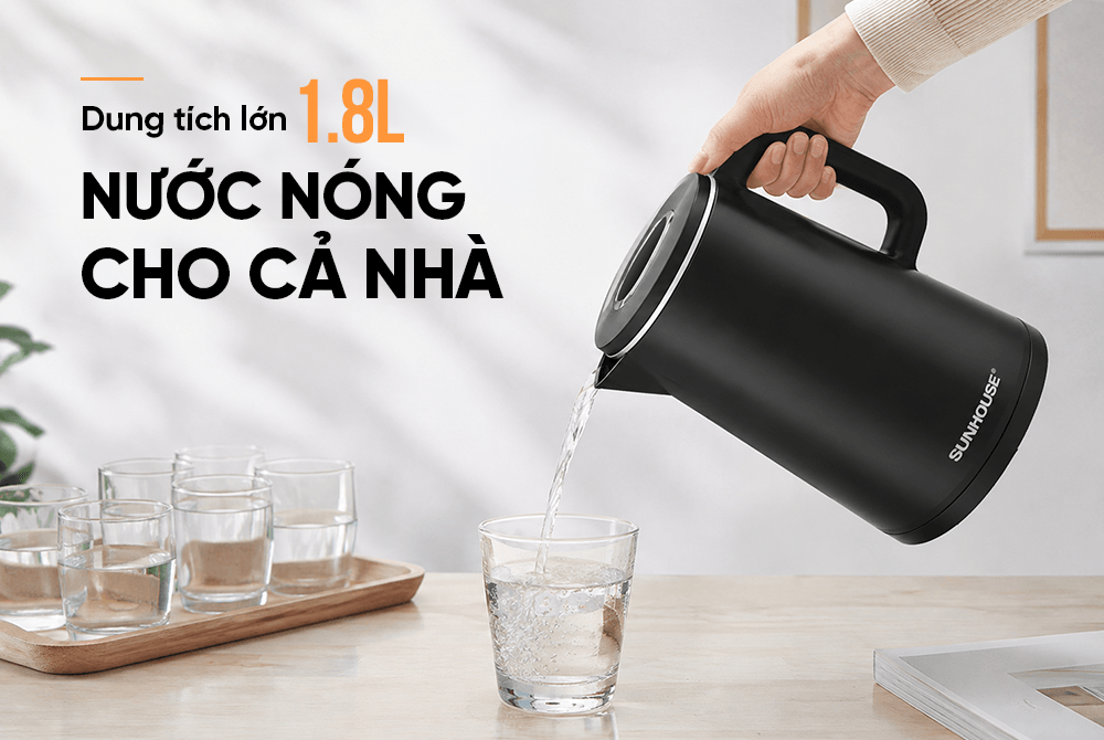 Ấm siêu tốc Inox 2 lớp 1.8L SUNHOUSE SHD1380 dung tích lớn