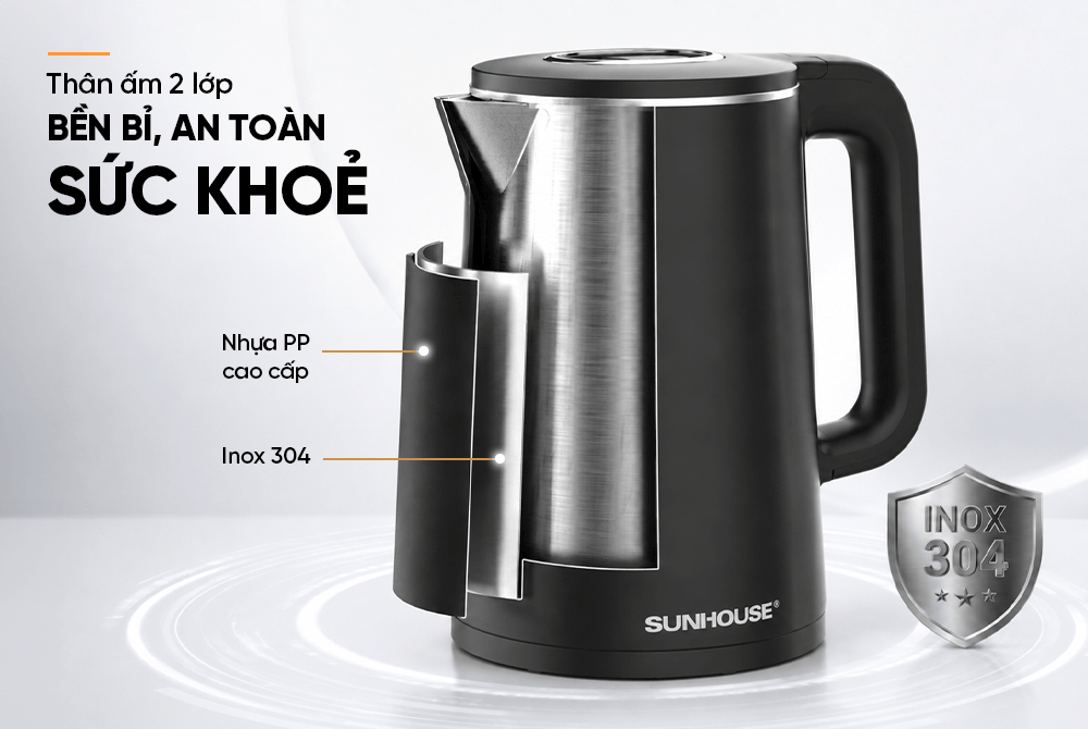 Ấm siêu tốc Inox 2 lớp 1.8L SUNHOUSE SHD1380 bền bỉ, an toàn
