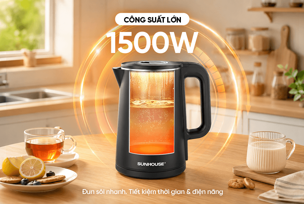 Ấm siêu tốc Inox 2 lớp 1.8L SUNHOUSE SHD1380 công suất 1500w