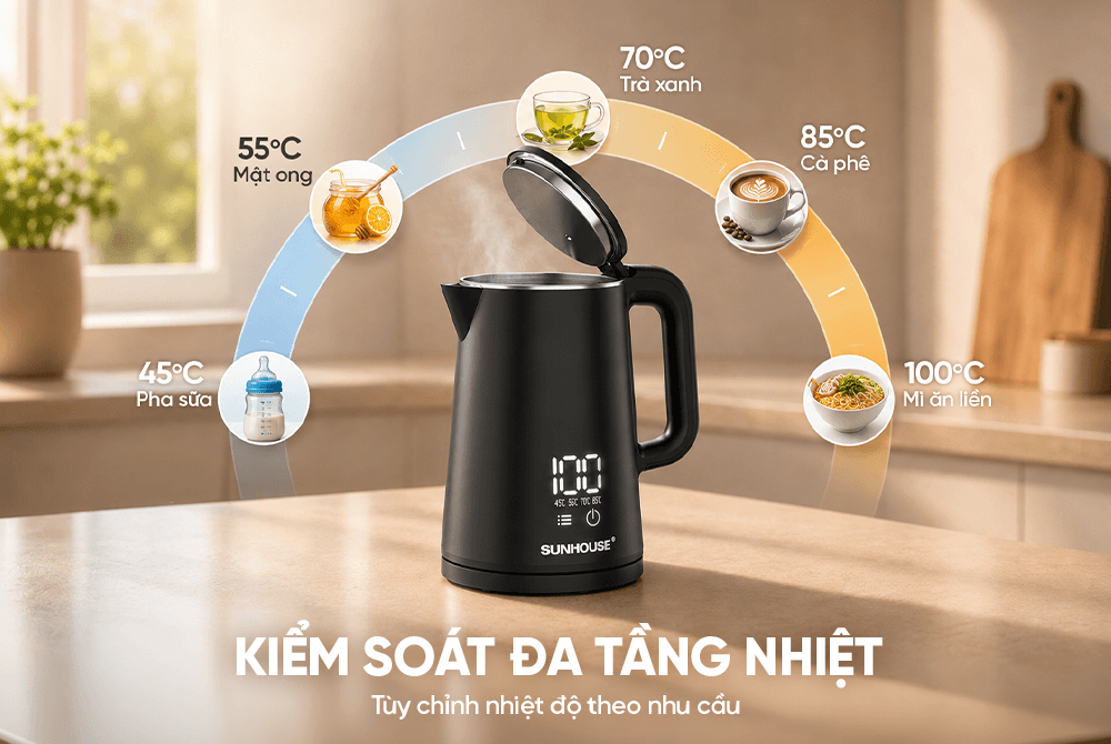 Ấm siêu tốc Inox 2 lớp 1.8L SUNHOUSE SHD1380 tùy chỉnh nhiệt độ
