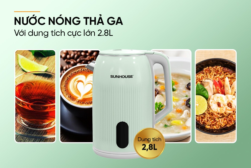Ấm Siêu Tốc Inox 2 Lớp 2.8L Sunhouse SHD1364 dung tích lớn