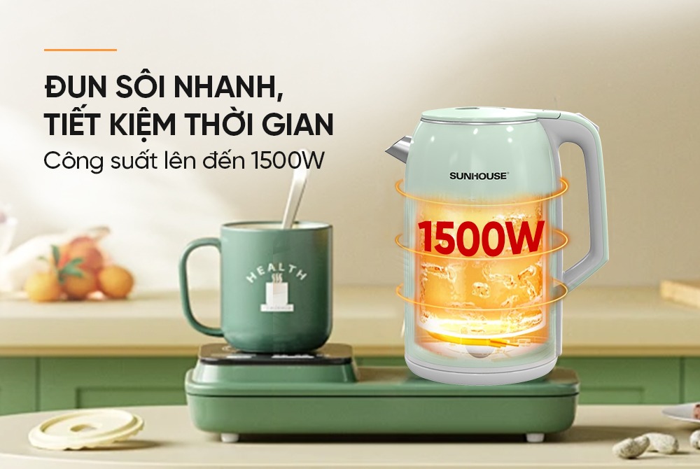 Ấm Siêu Tốc Inox 2 Lớp 2.8L Sunhouse SHD1364 công suất 1500w
