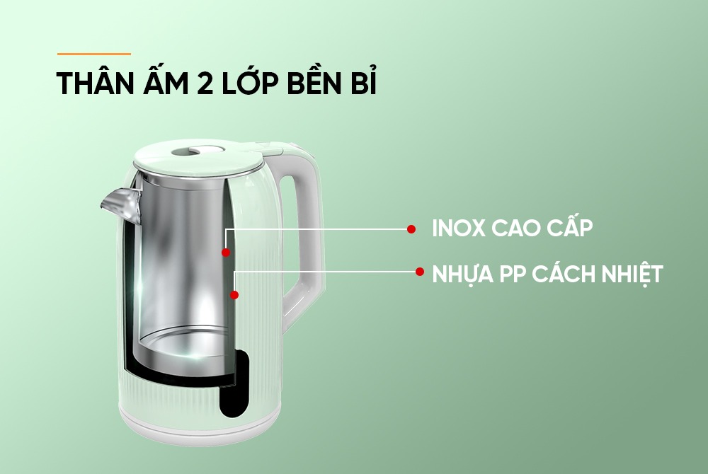 Ấm Siêu Tốc Inox 2 Lớp 2.8L Sunhouse SHD1364 cấu tạo 2 lớp