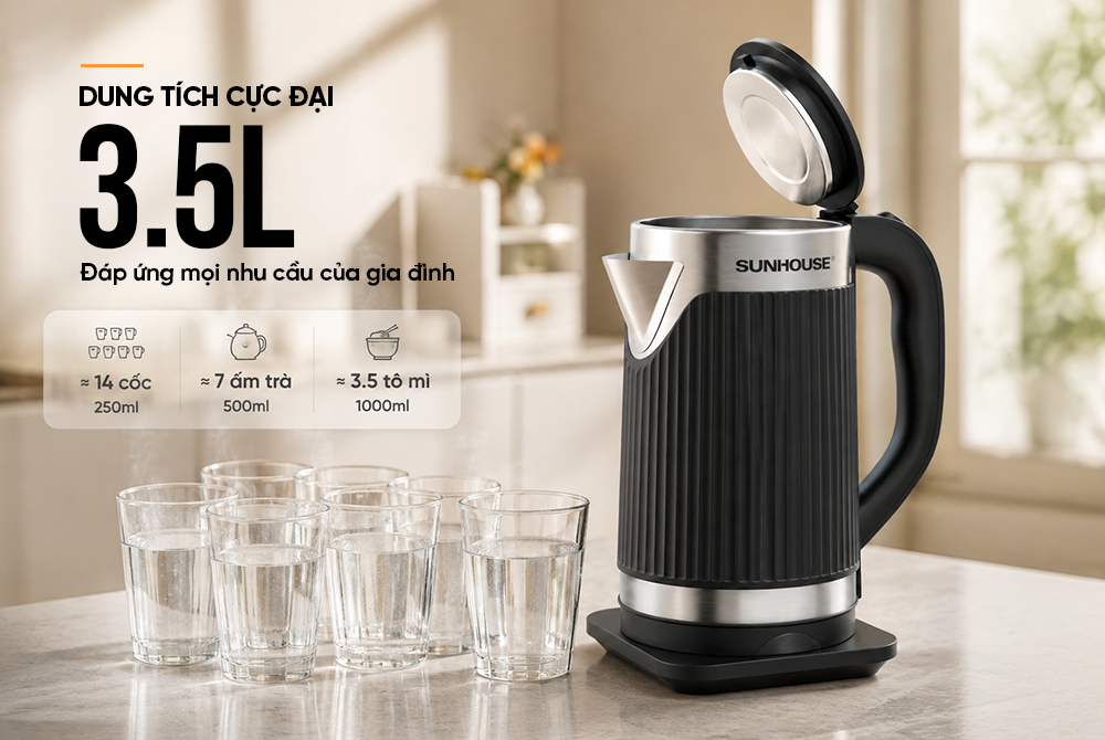 Ấm Siêu Tốc Inox 2 Lớp 3.5L Sunhouse SHD1367 dung tích lớn