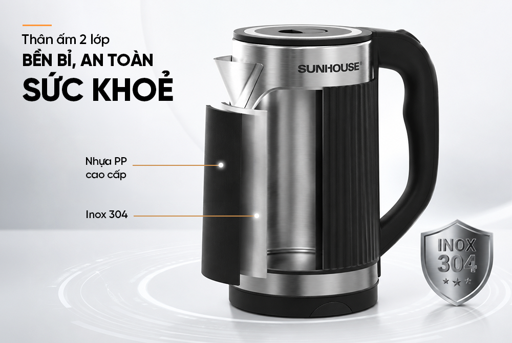 Ấm Siêu Tốc Inox 2 Lớp 3.5L Sunhouse SHD1367 chất liệu bền bỉ