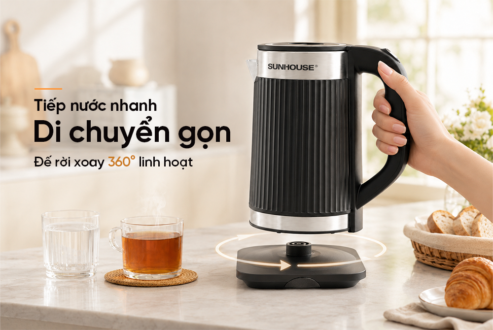 Ấm Siêu Tốc Inox 2 Lớp 3.5L Sunhouse SHD1367 di chuyển gọn