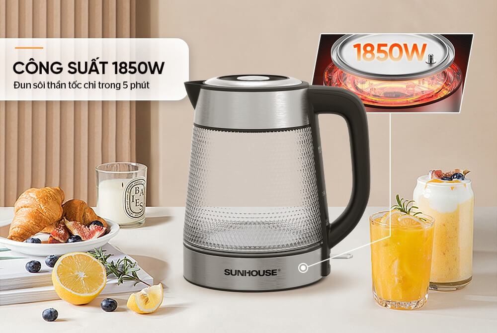 Ấm siêu tốc thủy tinh 1.8L Sunhouse SHD1220 công suất 1850w