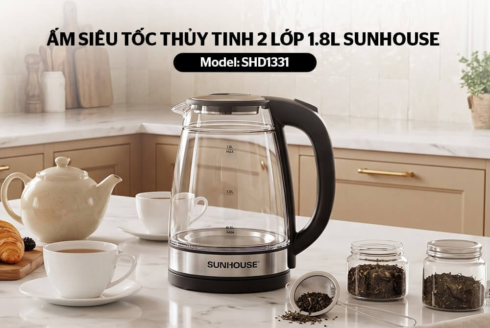 Ấm siêu tốc thủy tinh inox 2 lớp 1.8L SUNHOUSE SHD1331