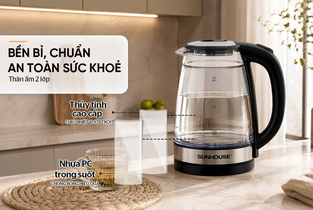 Ấm siêu tốc thủy tinh inox 2 lớp 1.8L SUNHOUSE SHD1331 chuẩn an toàn sức khỏe