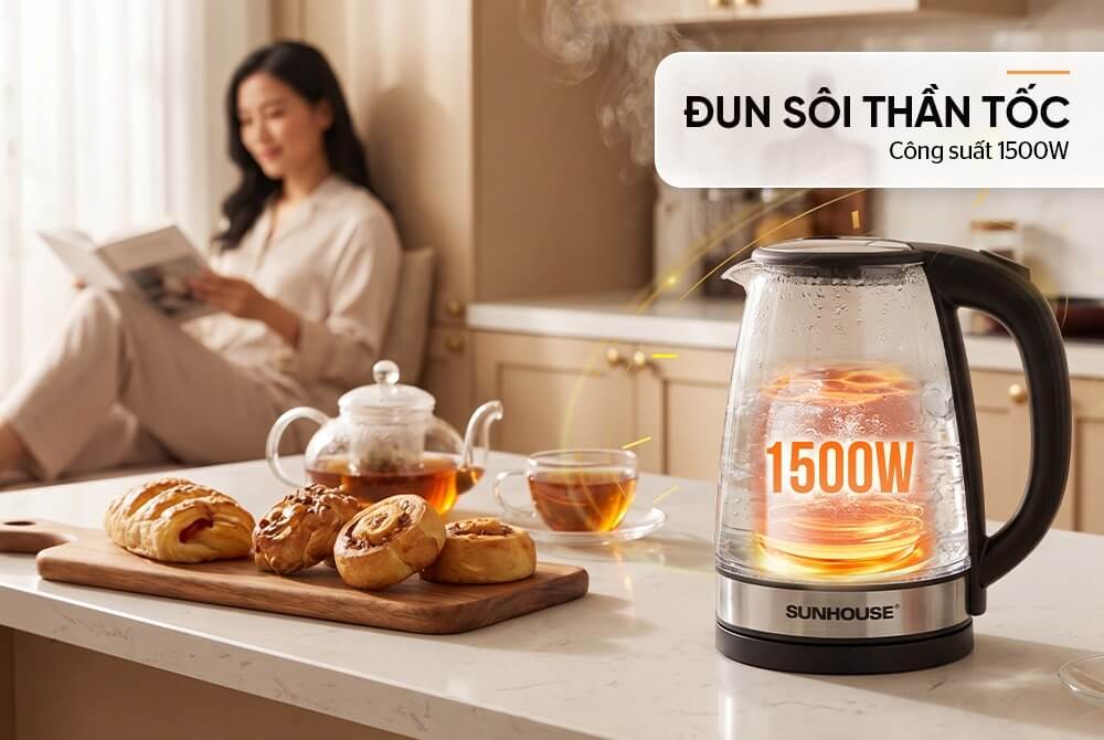 Ấm siêu tốc thủy tinh inox 2 lớp 1.8L SUNHOUSE SHD1331 công suất 1500w