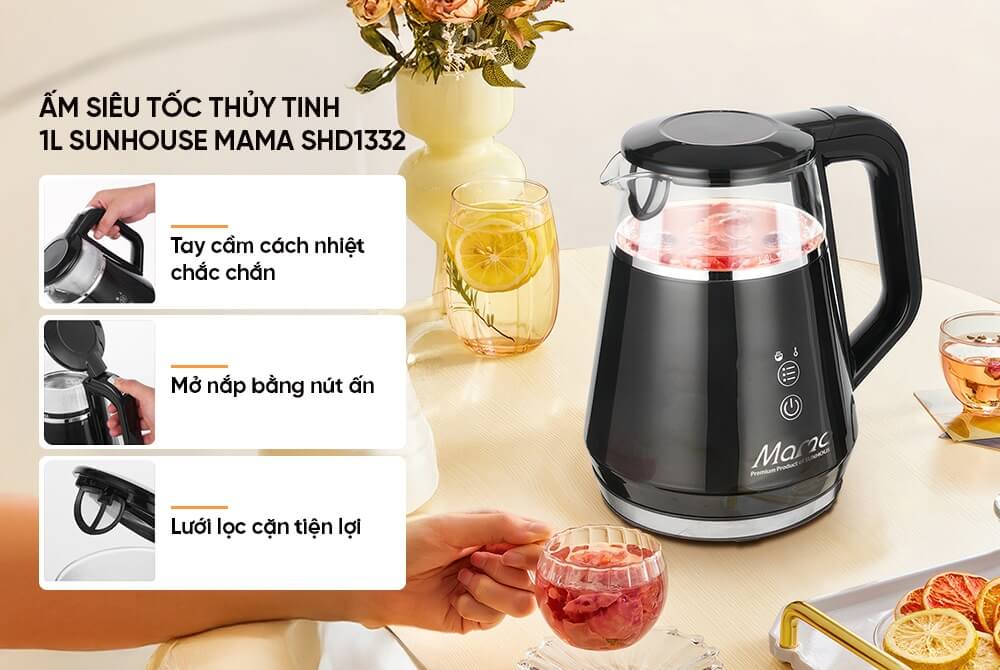 Ấm siêu tốc thủy tinh 1L Sunhouse Mama SHD1332