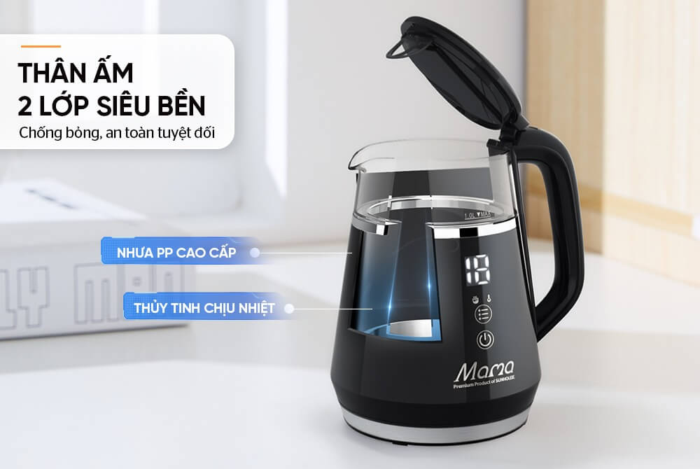 Ấm siêu tốc thủy tinh 1L Sunhouse Mama SHD1332 2 lớp cách nhiệt