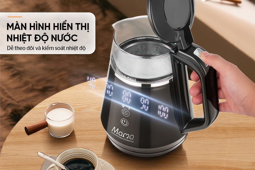 Ấm siêu tốc thủy tinh 1L Sunhouse Mama SHD1332 màn hình cảm ứng