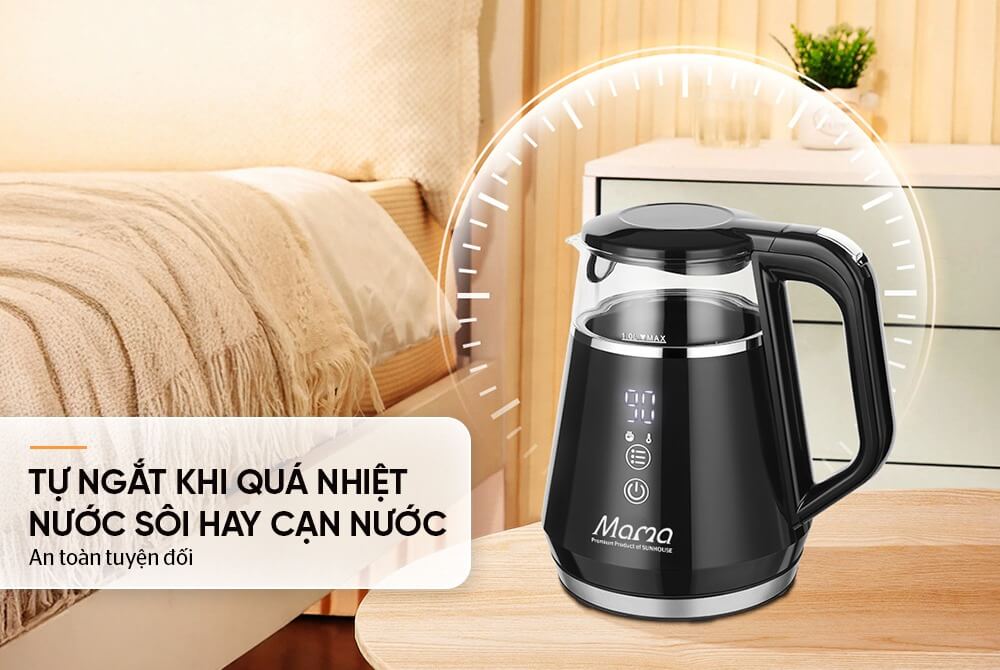 Ấm siêu tốc thủy tinh 1L Sunhouse Mama SHD1332 hệ thống tự ngắt an toàn