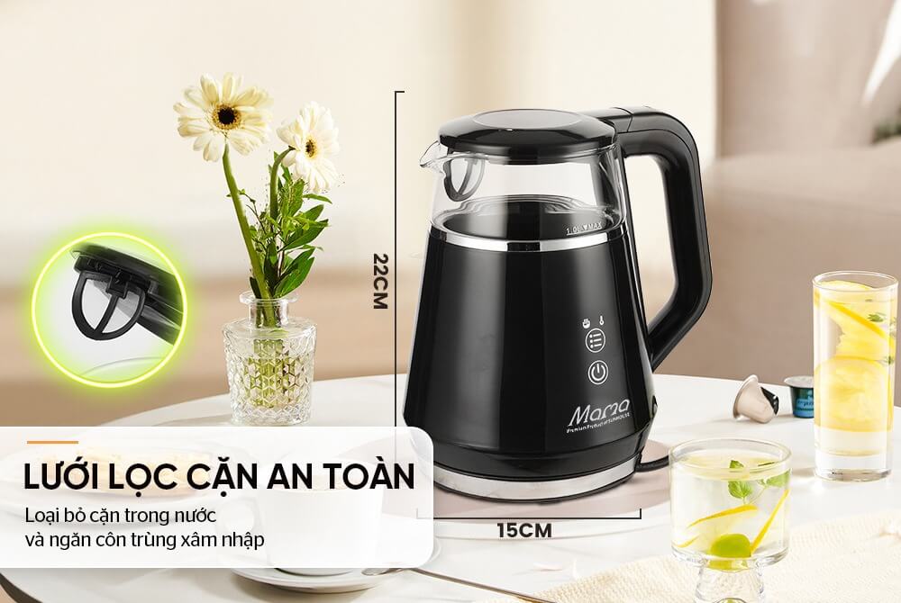 Ấm siêu tốc thủy tinh 1L Sunhouse Mama SHD1332 lưới lọc cặn thép không rỉ